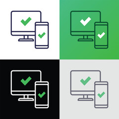 Wall Mural - sync between computer and smartphone is approved: check marks are on device screens. thin line icon.