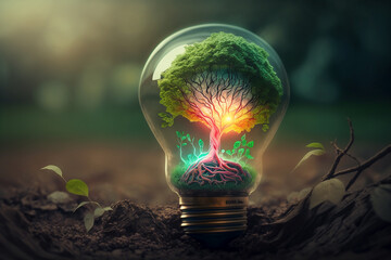 Tree growing in light bulb, sustainable energy saving and earth day environment concept, Generative AI.