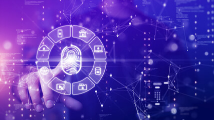 Poster - The concept of technology for logging in using fingerprint scanning electronic devices to access transaction applications through smartphones. Finger scan has polygon binary code icon on background.