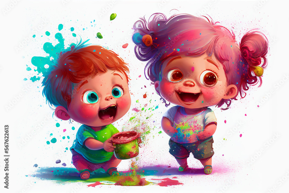 two cute happy children throwing colored powder at each other for the ...
