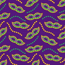 Vector Mardi Gras Seamless Pattern With Carnival Masks And Beads. Carnival Masks And Garlands On Dark Purple Background. Design For Fat Tuesday Holiday, Carnival And Festival. Colorful Pattern.
