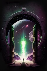 Wall Mural - Purple and green colored sci-fi portal that opens up a gate to a different galaxy with green comet