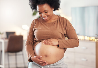 Pregnant, stomach and smile of black woman in home for maternity leave, health and wellness. Pregnancy, prenatal motherhood and female, mama or future mother touching belly with care for healthy baby