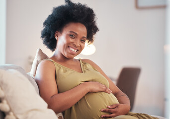 Sticker - Pregnant, love and portrait of black woman on sofa in home with hope and care for unborn baby. Pregnancy, prenatal motherhood and future mama relax in living room and touching belly for infant health