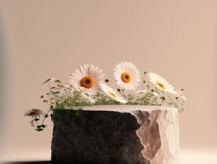 Wall Mural - Stone podium display stand with daisy blossoms created with generative AI