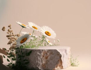 Wall Mural - Stone podium display stand with daisy blossoms created with generative AI