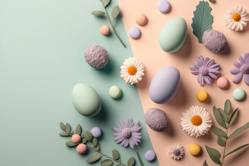 Wall Mural - Modern Easter Minimalism Egg and Flowers background. Generative AI