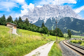 Wall Mural - Railway with Mountain Zugspitze in the background, Ehrwald, Germany