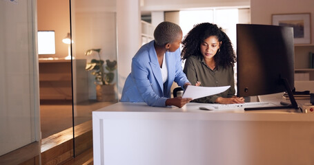 Poster - Business woman coaching worker at night modern office, planning documents research and company strategy. Female team employees working overtime on report collaboration, idea analysis and conversation