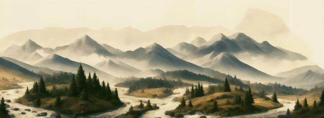 Canvas Print - Vast painting of mountains and rivers in watercolor style. Generative AI