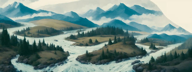 Sticker - Vast painting of mountains and rivers in watercolor style. Generative AI