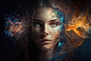 Wall Mural - beautiful fantasy abstract ethereal portrait of a beautiful woman double exposure with a colorful di