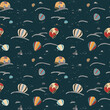 Night beach with bright shells. Dark sand at the bottom of the sea. Seamless vector pattern.