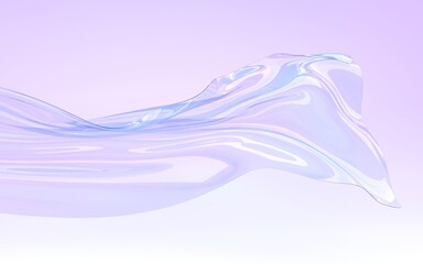 Canvas Print - Flying iridescent glass ribbon or water wave 3d render. Holographic transparent shape with gradient texture in motion. Abstract crystal or plastic form on purple geometric background