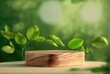 Wooden product display podium with blurred leaves background created with generative AI