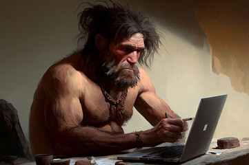 Ancient Stone Age Programmer, Prehistoric Programming, Neanderthal Man Working on Stone Computer, Generative AI Illustration
