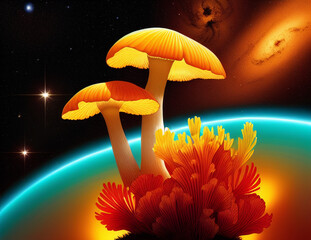 Wall Mural - Illustration of fantasy yellow mushrooms. Against the background of the universe and the arc of neon aquamarine light. Generative AI technology.