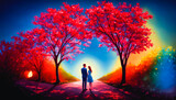 Fototapeta Las - Loving couple travels the world in colorful, lush landscape. Vibrant trees, scenic journey. Generative AI