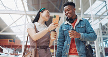 Shopping Mall, Smartphone And Couple Of Friends On Social Media, Website Or Blog For Discount, Sales And Travel Communication. Diversity Gen Z People Walking, Using Phone Or Cellphone And Coffee Cup