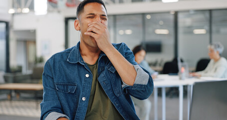 Poster - Businessman, yawning or desk sleeping in modern office, digital marketing startup or advertising branding company. Tired, fatigue or exhausted creative designer and laptop technology or bored burnout
