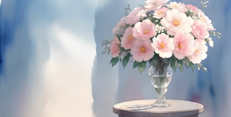 Wall Mural - Watercolor design of a vase with a bouquet of pink flowers, with space for custom design, perfect for wedding or part invites, made with generative ai