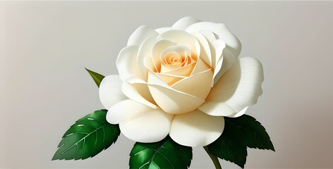 Wall Mural - White rose with green leaves on a gray background, made with generative ai