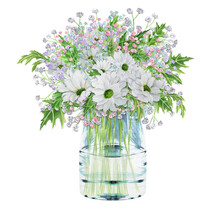 Hand-drawn Watercolor Glass Vase With White Flowers And Multi-colored Gypsophila