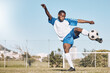 © C. D./peopleimages.com - Sports, soccer and black man kick ball playing game, training and exercise on outdoor field. Fitness, workout and male football player in action, running and score goals, winning and competition