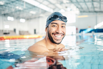 portrait, man and relax in swimming pool with cap in sports wellness, training or exercise for body 