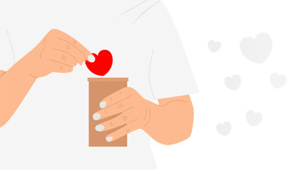 Wall Mural - People put hearts into a box for donations. Hearts in hand with flat style design.