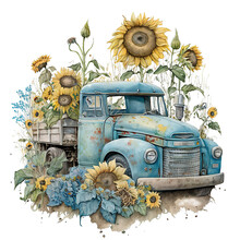 Vintage Truck Farm Sunflowers Spring Flowers PNG Transparent Files Generative AI