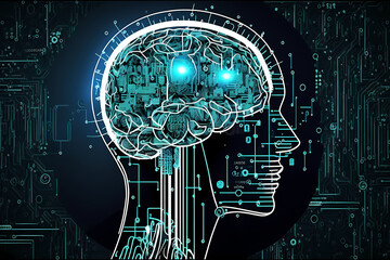 Human artifical intelligence with thinking brain in matrix style.