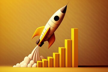 Rocket ship illustration with bar graph, yellow background. Generative AI