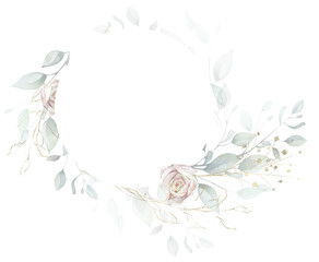 Wall Mural - Round frame template watercolor painted. Background with branches, green leaves and pink roses. Cut out hand drawn PNG illustration on transparent background. Watercolour isolated clipart drawing.