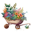 Cute Flowers Spring Wheelbarrow Watercolor  Sublimation PNG Transparent  ,Generative AI