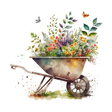  Spring  Flowers  Old Wheelbarrow Watercolor  PNG Transparent File ,Generative AI