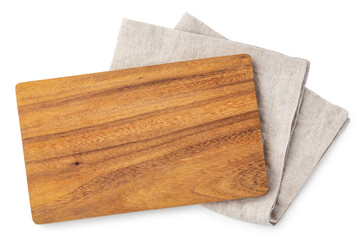 Wall Mural - Wooden cutting board on linen napkin isolated on white background, top view