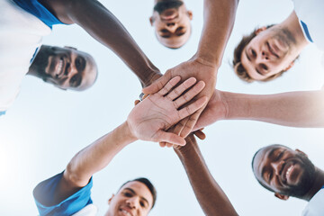 Sticker - Sports, soccer and stack of hands of team for support, motivation and community with bottom view. Collaboration, teamwork and faces of football players ready for success in game, training and goals