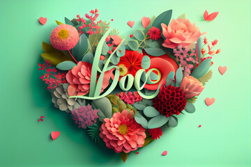 Wall Mural - Heart made of flowers on bright background, flat lay, top view. AI Generated