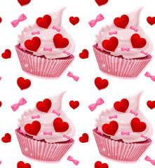 Wall Mural - bright vector seamless pattern with valentines day cupcake, hearts and bows, romantic pattern, fabric pattern