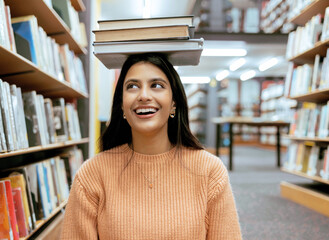 Poster - Books, balance or happy student in a library reading for knowledge or development for future growth. Scholarship, portrait or funny school girl smile while studying or learning college information