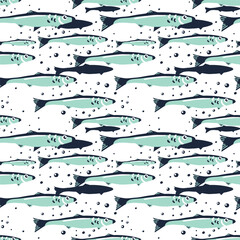 Seamless pattern with flock of forage fish. Catch of herring for making canned food. Stream of fish for backgrounds design. Texture for printing on fabric or paper. The fish swims in the water.