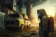 Post apocalyptic survivor in gas mask. Environmental disaster, Armageddon - Dystopia -  destroyed buildings -  in a post-apocalyptic World - Generative AI