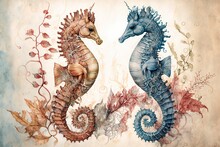 Watercolor Seahorses Illustration Created By Generative AI
