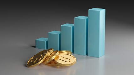 Golden bitcoins and success bar graph