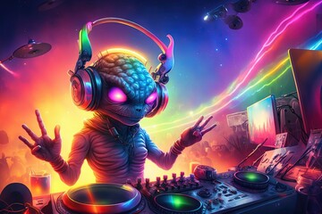 Wall Mural - rainbow colors Alien is a resident dj in the club background of rainbow colors illustration generative ai