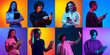 © master1305 - Collage. Modern devices. Young people communicating, working on phones, tablets, laptops over multicolored background in neon light. Concept of human emotions, facial expression, youth, lifestyle.