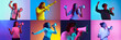 © master1305 - Collage of different people. Men and women shouting in megaphone over multicolored background in neon lights. News, sales. Concept of human emotions, facial expression, youth, lifestyle.