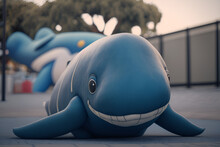 Plush Blue Happy Whale In The Playground Background Generative Ai
