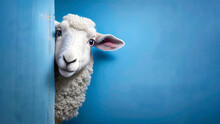 A Portrait Of A Sheep Hiding Behind Blue Wall. It Looks Frightened, Generative Ai